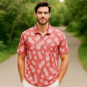 IZOD Men XL Polo Pineapple and Palm Tree all Over Tropical Beachy Preppy Shirt